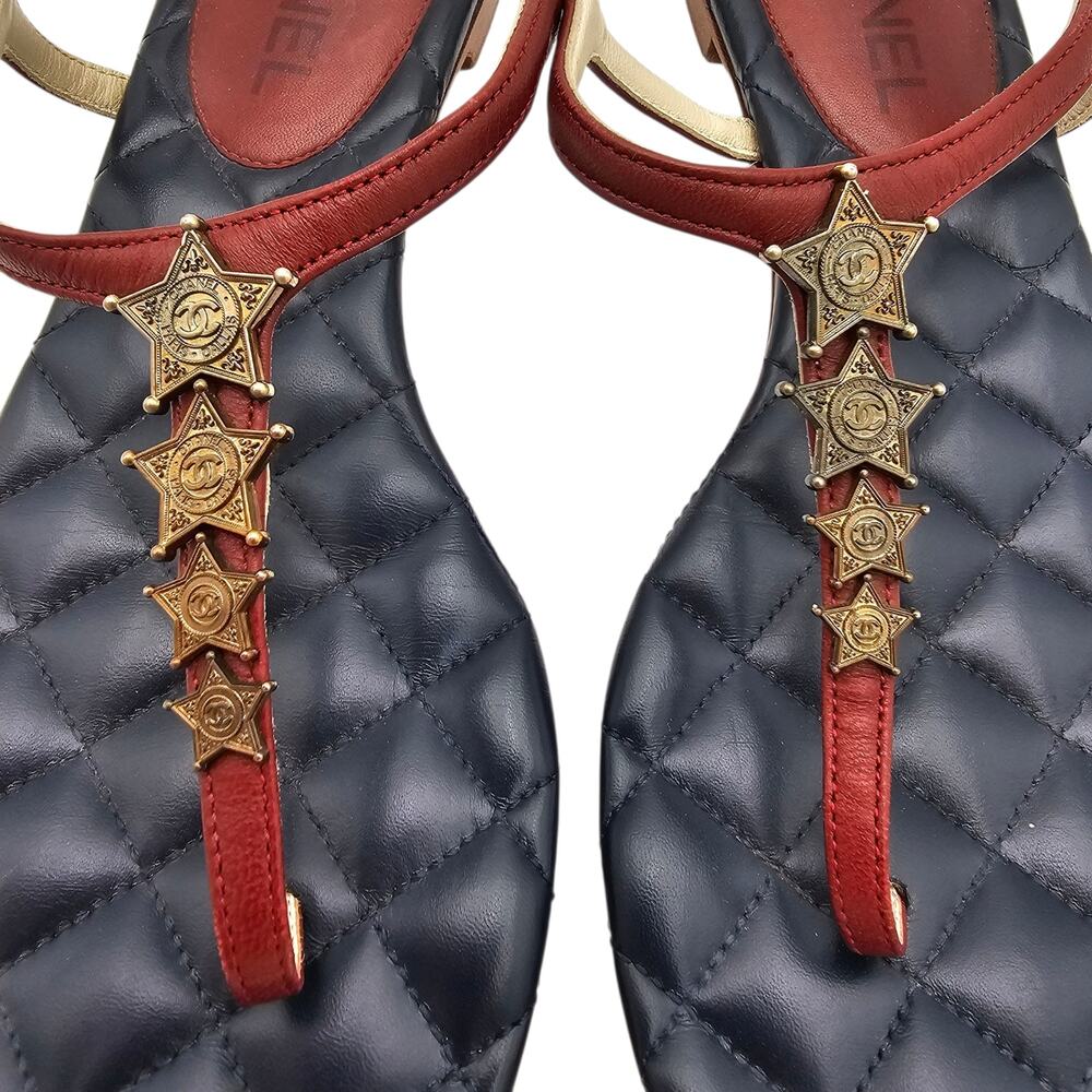 Chanel CC Star T Strap Thong Flat Sandal Navy Red Quilt Leather 40 C US 9 9.5 - Picture 12 of 12
